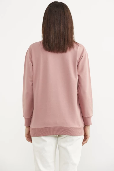 Baskılı Oversize Basic Sweatshirt - Gül Kurusu - Resim 4