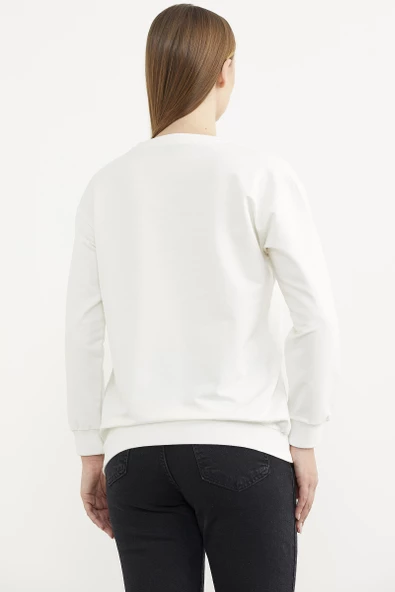 Baskılı Oversize Basic Sweatshirt - Ekru - Resim 6