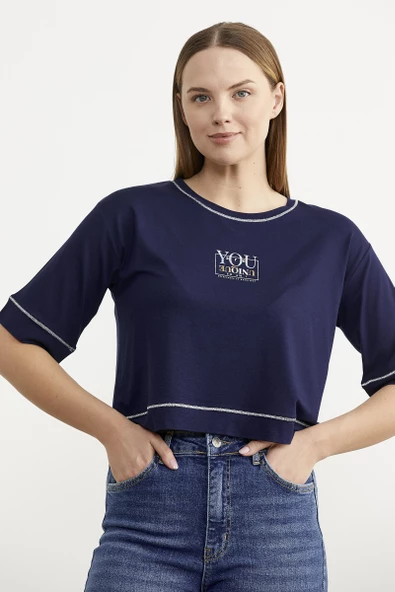 Sim Detaylı Oversize Crop Tişört - Lacivert