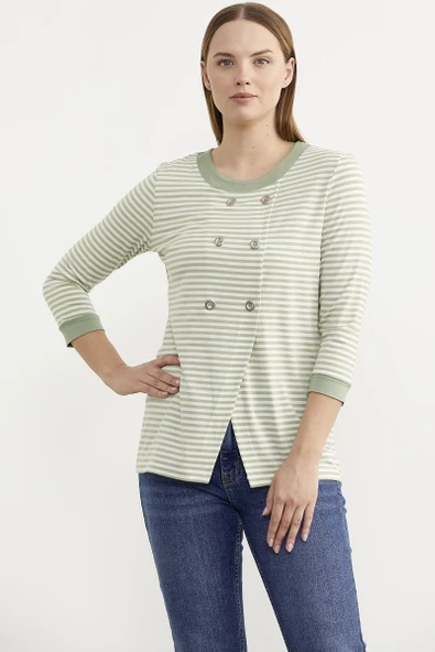 Çizgili Uzun Kol Düğme Detaylı Tişört - Yeşil - Resim 4