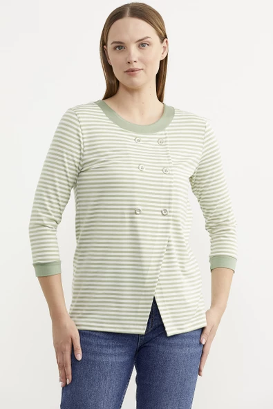 Çizgili Uzun Kol Düğme Detaylı Tişört - Yeşil - Resim 2