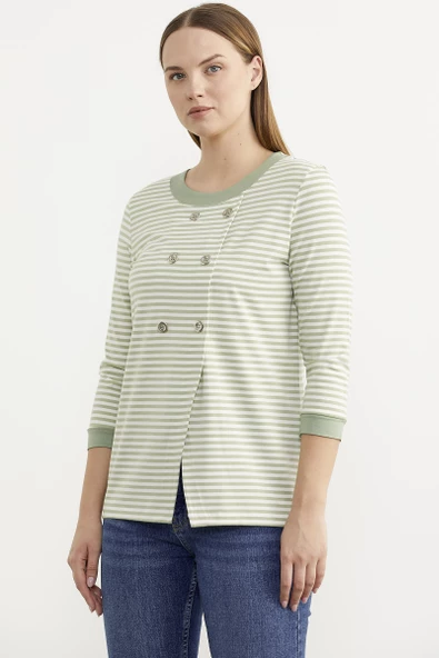 Çizgili Uzun Kol Düğme Detaylı Tişört - Yeşil ürün görseli 1