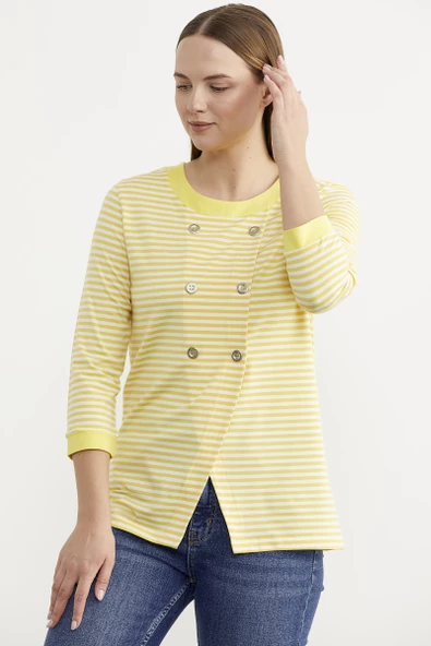 Çizgili Uzun Kol Düğme Detaylı Tişört - Sarı - Resim 2