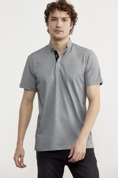 Slim Fit Düğmeli Polo Yaka Tişört - Gri - 2