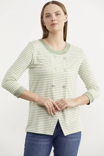 Çizgili Uzun Kol Düğme Detaylı Tişört - Yeşil - Resim 3