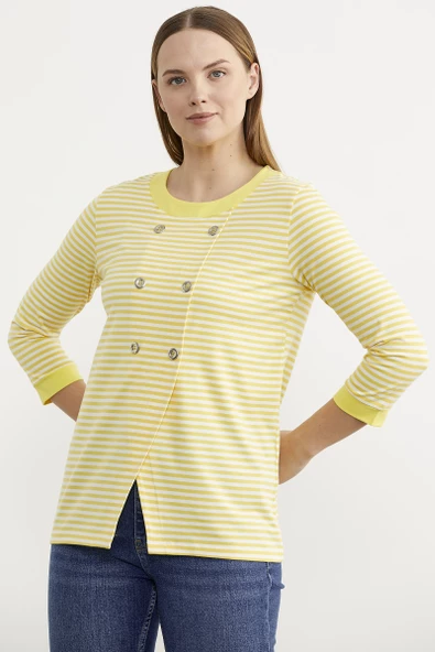 Çizgili Uzun Kol Düğme Detaylı Tişört - Sarı - Resim 4