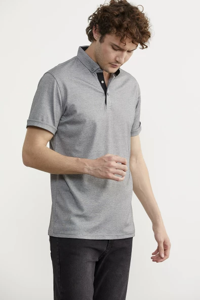 Slim Fit Düğmeli Polo Yaka Tişört - Gri - 5