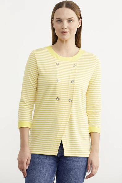 Çizgili Uzun Kol Düğme Detaylı Tişört - Sarı ürün görseli 1