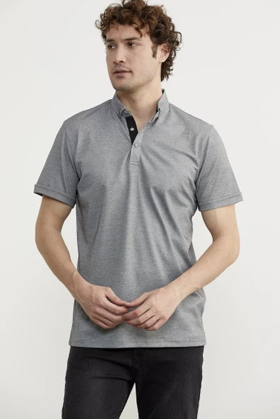 Slim Fit Düğmeli Polo Yaka Tişört - Gri - 3