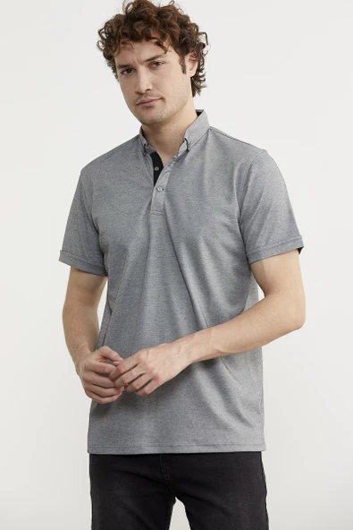 Slim Fit Düğmeli Polo Yaka Tişört - Gri - 4