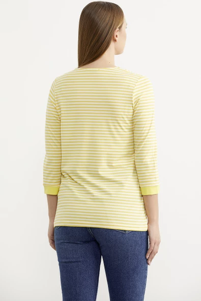 Çizgili Uzun Kol Düğme Detaylı Tişört - Sarı - Resim 5