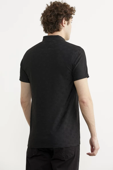 Viskon Desenli Polo Yaka Tişört - Siyah - 5
