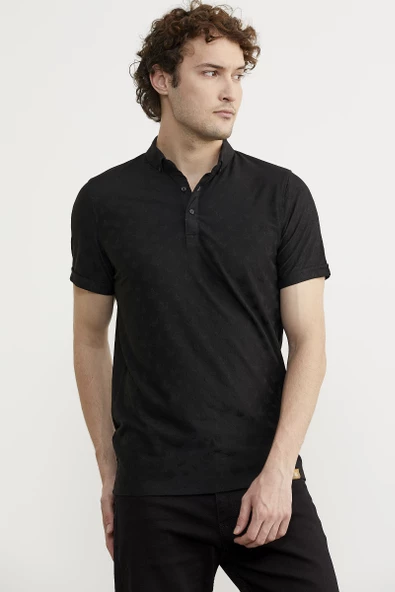 Viskon Desenli Polo Yaka Tişört - Siyah - 4