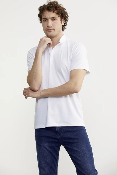 Slim Fit Düğmeli Polo Yaka Tişört - Beyaz - Resim 5