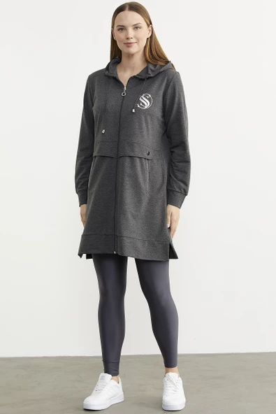Taş Detaylı Kapüşonlu Tunik Sweatshirt - Antrasit - 3