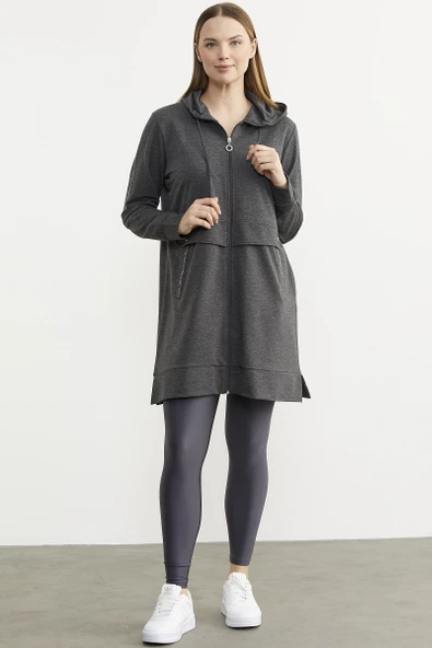 Taş Detaylı Kapüşonlu Tunik Sweatshirt - Antrasit