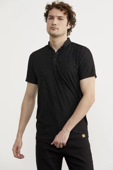 Viskon Desenli Polo Yaka Tişört - Siyah - 3