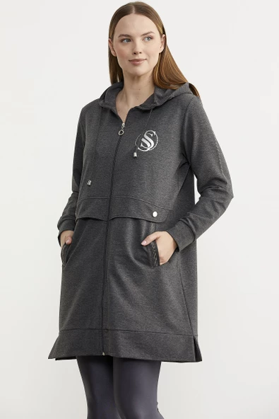 Taş Detaylı Kapüşonlu Tunik Sweatshirt - Antrasit - 5