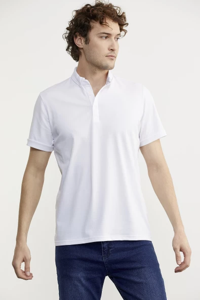 Slim Fit Düğmeli Polo Yaka Tişört - Beyaz - Resim 6