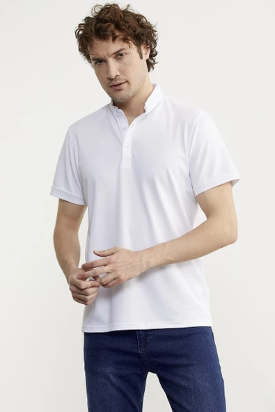Slim Fit Düğmeli Polo Yaka Tişört - Beyaz - Resim 3