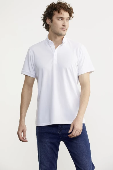 Slim Fit Düğmeli Polo Yaka Tişört - Beyaz - Resim 2