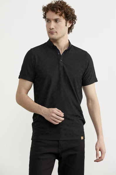 Viskon Desenli Polo Yaka Tişört - Siyah - 2