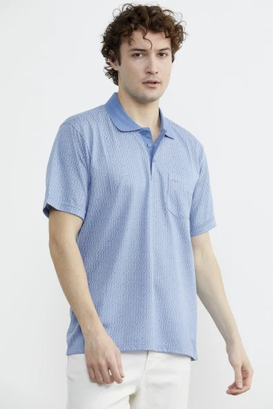 Regular Fit Polo Yaka Desenli Tişört - Mavi - 2