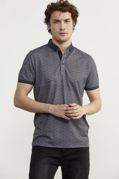 Desenli Slim Fit Triko Polo Yaka Tişört - Petrol - Resim 4