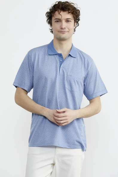 Regular Fit Polo Yaka Desenli Tişört - Mavi - 3