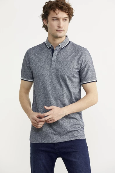 Polo Yaka Slim Fit Desenli Tişört - Lacivert - 2