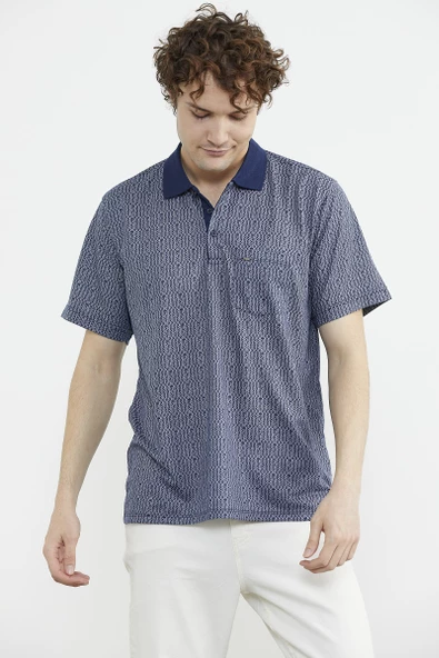 Regular Fit Polo Yaka Desenli Tişört - Lacivert - Resim 4