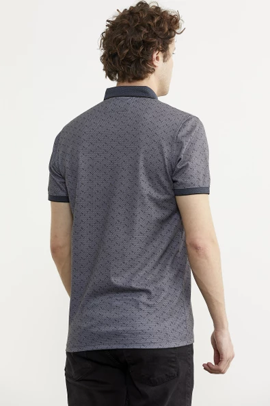 Desenli Slim Fit Triko Polo Yaka Tişört - Petrol - Resim 6