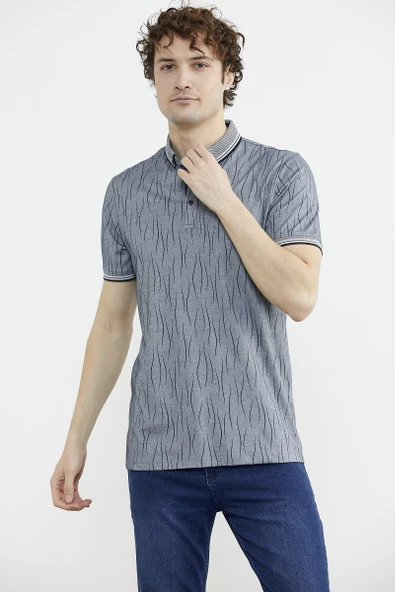 Polo Yaka Slim Fit Desenli Tişört - Lacivert - Resim 4