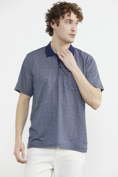 Regular Fit Polo Yaka Desenli Tişört - Lacivert - Resim 2