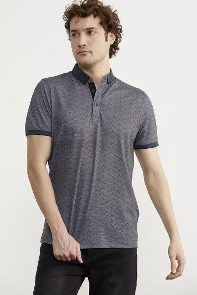 Desenli Slim Fit Triko Polo Yaka Tişört - Petrol - Resim 3