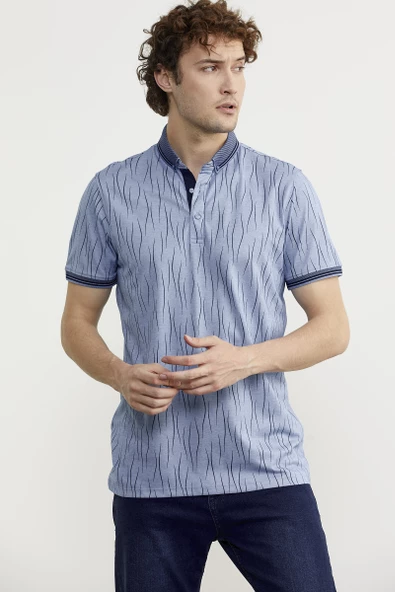 Polo Yaka Slim Fit Desenli Tişört - Indigo - 3