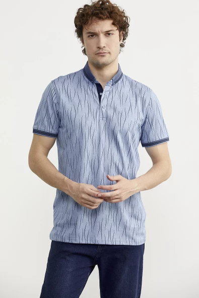 Polo Yaka Slim Fit Desenli Tişört - Indigo - 2