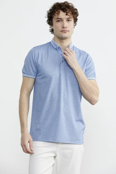 Polo Yaka Slim Fit Desenli Tişört - Mavi - 2