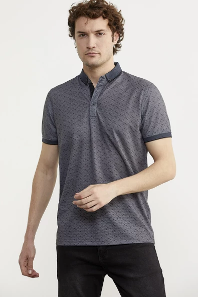 Desenli Slim Fit Triko Polo Yaka Tişört - Petrol - Resim 2