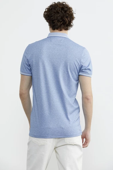 Polo Yaka Slim Fit Desenli Tişört - Mavi - 4