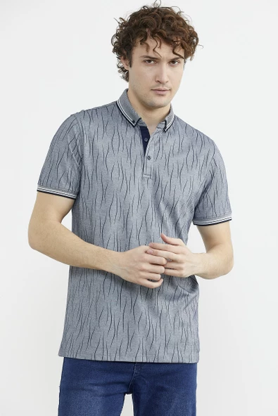 Polo Yaka Slim Fit Desenli Tişört - Lacivert - Resim 3