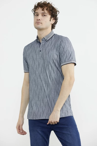 Polo Yaka Slim Fit Desenli Tişört - Lacivert - Resim 5