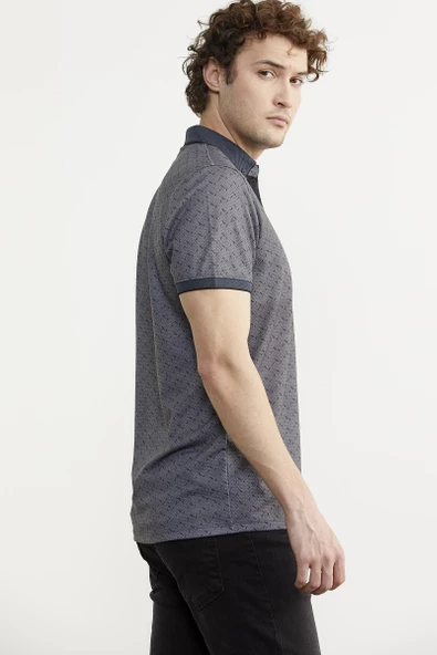 Desenli Slim Fit Triko Polo Yaka Tişört - Petrol - Resim 5