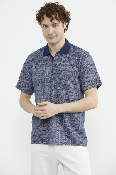 Regular Fit Polo Yaka Desenli Tişört - Lacivert
