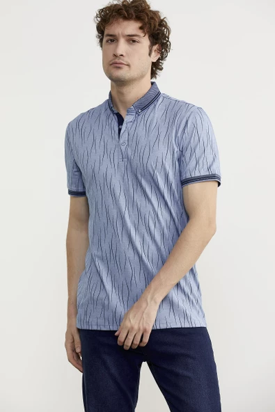 Polo Yaka Slim Fit Desenli Tişört - Indigo - 4