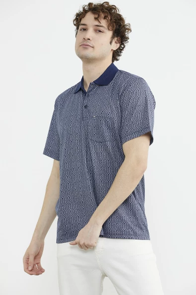 Regular Fit Polo Yaka Desenli Tişört - Lacivert - Resim 3