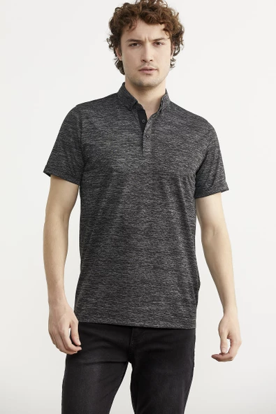 Slim Fit Polo Yaka Viskon Tişört - Siyah