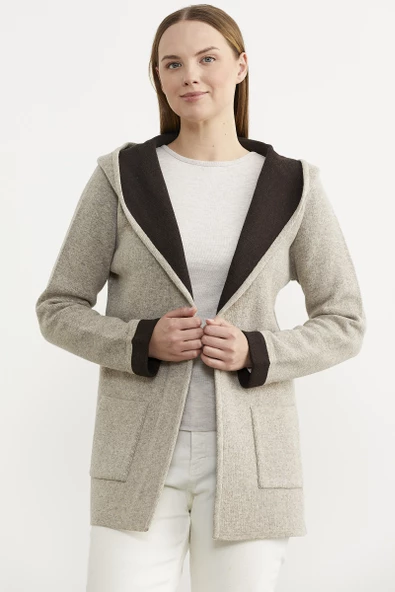 Cepli ve Kapüşonlu Yünlü Triko Ceket - Vizon - Kahverengi ürün görseli 1