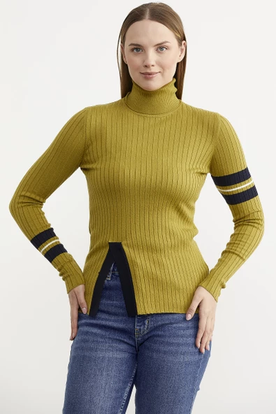 Tam Balıkçı Renk Detaylı Triko Kazak - Yeşil - Resim 3