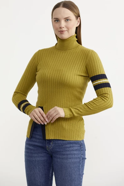 Tam Balıkçı Renk Detaylı Triko Kazak - Yeşil - Resim 2